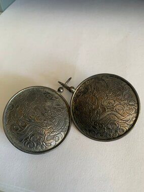 VINTAGE SILVER 925 HAND CHASED ROUND HOOK EARRINGS SIZE L 1.5" x W 1"